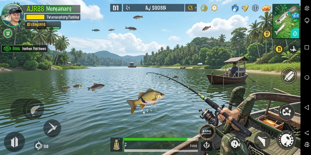 Screenshot gameplay AJR88 menampilkan pemain menangkap ikan di lokasi yang indah.