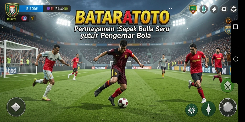 Screenshot menampilkan gameplay BATARATOTO dengan aksi sepak bola seru.