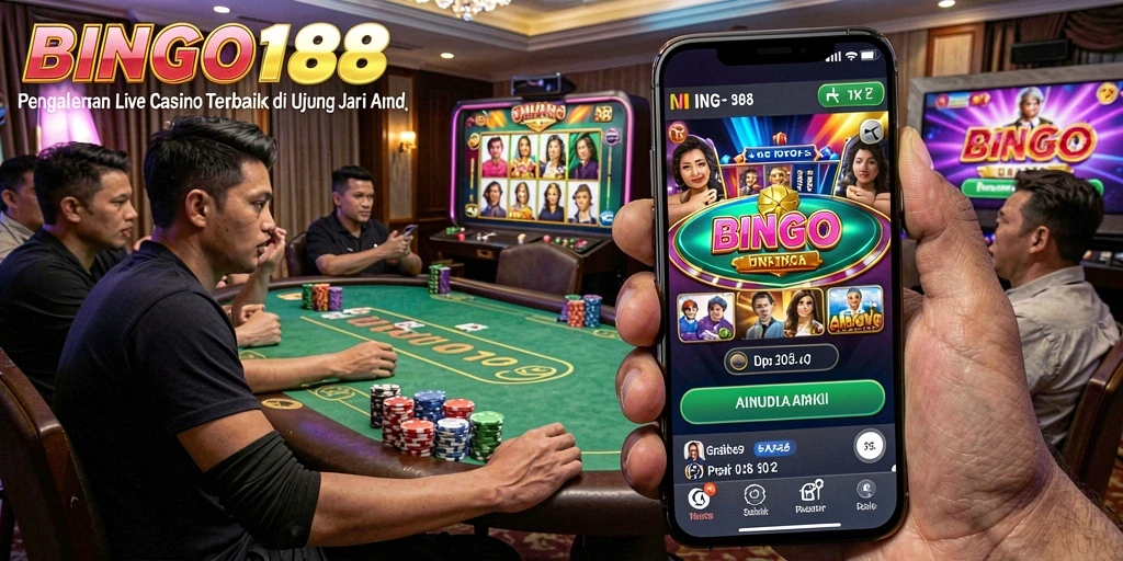 Screenshot BINGO188 menampilkan dealer langsung dan permainan kasino yang mengasyikkan.