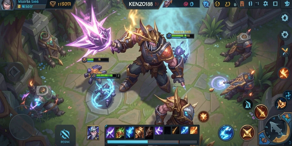 Tangkapan layar <strong>KENZO188</strong> menampilkan pertarungan sengit di arena MOBA.