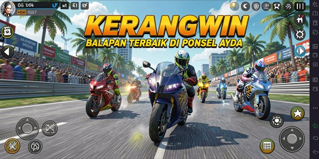 Tampilan gameplay KERANGWIN dengan motor yang melaju kencang di lintasan.