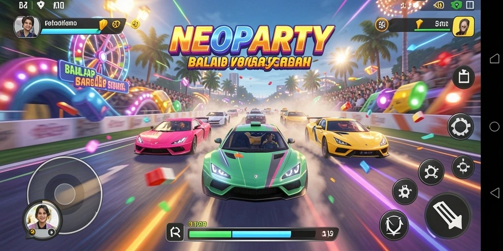 Tampilan seru dari gameplay balapan di NEOPARTY.