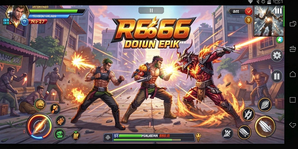 Screenshot menampilkan pertarungan epik RR666 dengan karakter bertarung.
