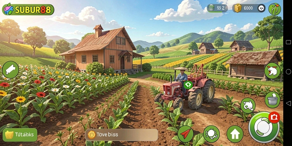 Tangkapan layar gameplay SUBUR88 menampilkan petani yang sedang bekerja di ladang.