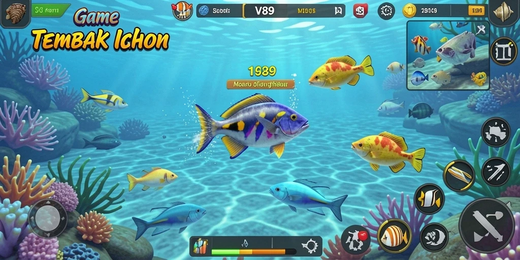 Screenshot gameplay V89 yang menampilkan momen menembak ikan.