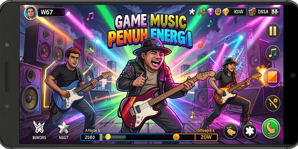 Tampilan screenshot utama W67 menampilkan gameplay dinamis penuh musik.