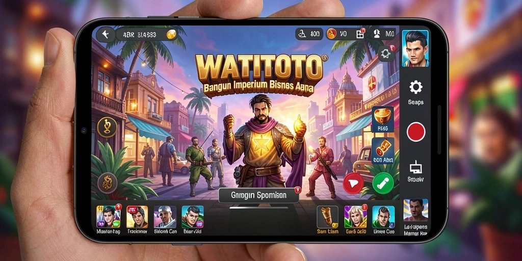 Screenshot utama WATITOTO menampilkan gameplay seru membangun bisnis.