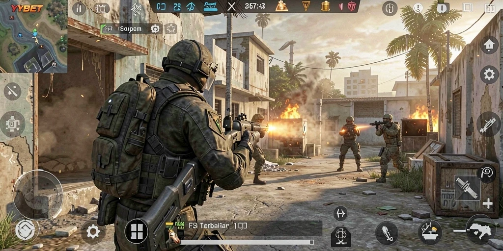 Screenshot gameplay YYBET menampilkan pertempuran sengit di peta urban.